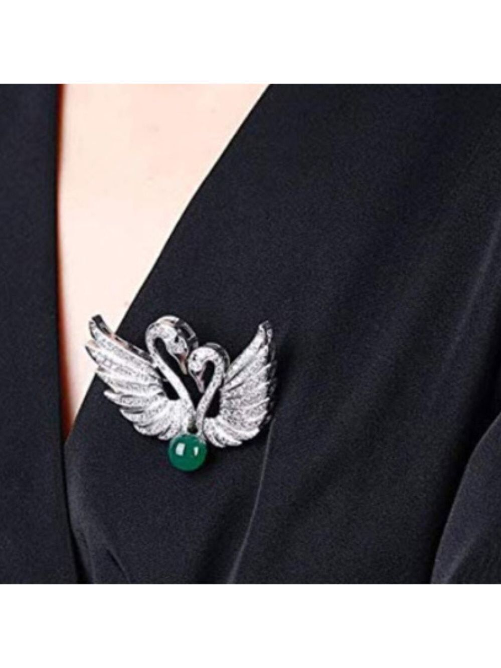 swan couple rhinestone & jade brooch / pendant - Picture 2 of 7